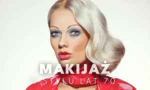 Kobieta z blond falowanymi włosami i wyrazistym makijażem oczu w stylu lat 70. Czerwona apaszka dodaje uroku.