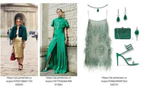 Kobiety w stylizacjach w odcieniach zieleni, od butelkowej po **kolor szmaragdowy**. Eleganckie suknie, futrzane kurtki i błyszczące dodatki.