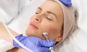 Kobieta przechodzi zabieg oxybrazji. Kosmetolog w niebieskiej rękawiczce wykonuje delikatny peeling twarzy.