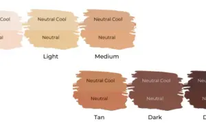 Paleta odcieni brązu: Fair, Light, Medium, Tan, Dark, Deep. Każdy odcień ma warianty Neutral Cool i Neutral.