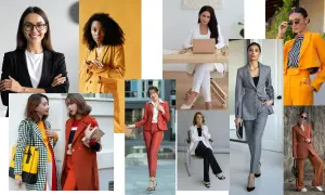 Kobiety w stylizacjach business casual: garnitury, marynarki i eleganckie spodnie.