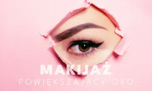 Oko z perfekcyjnym makijażem, podkreślone kreską i długimi rzęsami, daje efekt otwartego oka. Różowe tło.