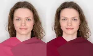 Kobieta z delikatnym makijażem i kręconymi włosami prezentuje kolory idealne dla typu urody lato.