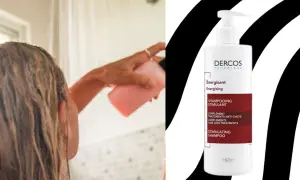 Kobieta w prysznicu używa szamponu Dercos. Poznaj dx2 opinie o tym produkcie.