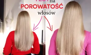 Test na porowatość włosów: porównanie efektów po zabiegu. Długie, blond włosy w czerwonym i różowym swetrze.