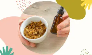 Miseczka z propolisem i buteleczka z kroplomierzem. Poznaj proste propolis zastosowanie w domowej apteczce.