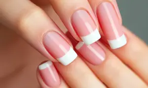 Dłonie z idealnym french manicure. Paznokcie są zadbane, z różową bazą i białymi końcówkami, co nadaje im klasyczny wygląd.