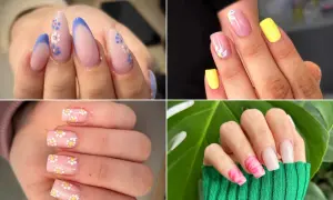 Kolekcja modnych paznokci na wiosnę: francuski manicure z kwiatami, żółte akcenty, stokrotki na różowym tle i neonowy wzór.