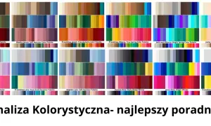 Palety barw: jesień, wiosna, lato, zima. Wiele odcieni, w tym piękny, intensywny **kolor różowy** w paletach wiosennych i letnich.