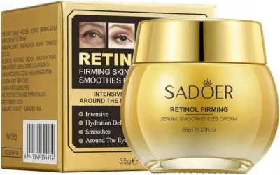 Złoty słoiczek kremu pod oczy SADOER Retinol Firming. Produkt intensywnie nawilża, wygładza i ujędrnia skórę wokół oczu.