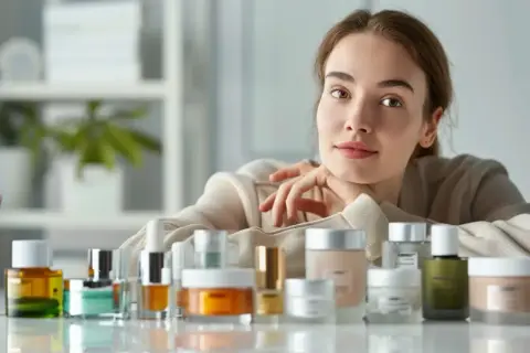 Kobieta z uśmiechem opiera się o stół z kosmetykami. Wśród nich widać produkty Nivelium, które zapewniają jej promienny wygląd.