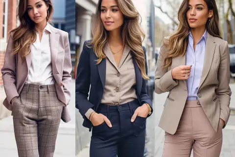 Trzy kobiety prezentują styl smart casual: w różowej marynarce i kratowanych spodniach, granatowej z beżową koszulą, oraz beżowej z jasnofioletową bluzką i pudrowymi spodniami.