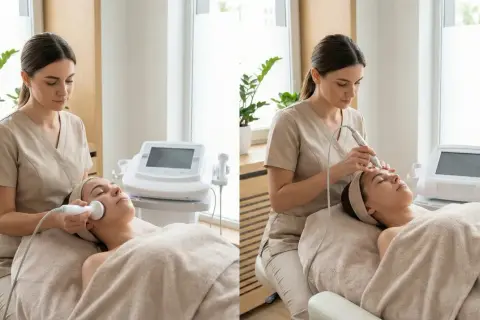 Kobieta wykonuje mezoterapię bezigłową. Zadowolone mezoterapia bezigłowa opinie potwierdzają skuteczność zabiegu.