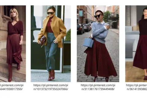 Kobiety w stylizacjach w odcieniach kolorów burgundowy i bordowy. Eleganckie spódnice i swetry tworzą szykowne zestawy.