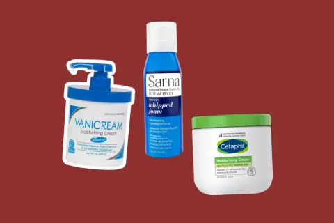 Krem Vanicream, pianka Sarna na egzemę i krem nawilżający Cetaphil. Produkty te, w tym Nivelium med, pomagają łagodzić suchość i podrażnienia skóry.