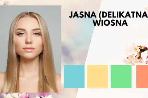 Jasna (delikatna) wiosna: blondynka z delikatnym makijażem, otoczona kwitnącymi wiśniami i paletą pastelowych kolorów.