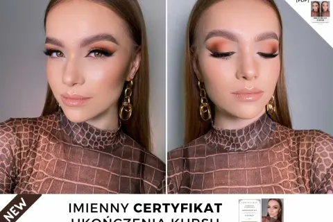 Makijaż foxy eyes z kocim spojrzeniem, podkreślony brązowymi cieniami i wyraźną kreską. Ukończony kurs makijażu.