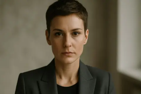 Portret osoby o wyrazistej, androgenicznej urodzie w eleganckiej marynarce.