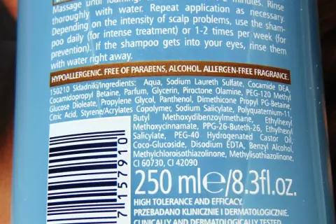 Skład szamponu z Piroctone Olamine, idealny do walki z problemami skóry głowy. Bez parabenów i alkoholu.