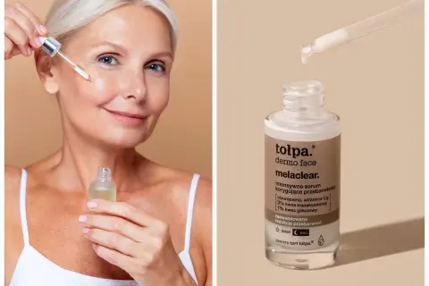 Kobieta aplikuje serum z kwasem traneksamowym na twarz. Produkt to tołpa. dermo face melaclear, intensywne serum korygujące przebarwienia.