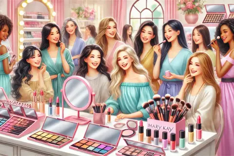 Uśmiechnięte kobiety otoczone kosmetykami Mary Kay. Wiele palet cieni, szminek i pędzli. W tle półki z produktami.
