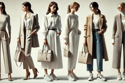 Sześć kobiet prezentuje eleganckie, casualowe stylizacje w odcieniach beżu i bieli.