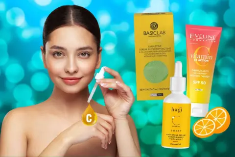 Kwas askorbinowy w kosmetykach: modelka z serum i kremem z witaminą C, które rozjaśniają i chronią skórę.
