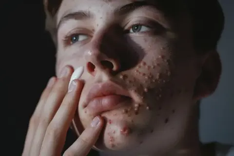 Młoda osoba z trądzikiem nakłada na twarz biały krem, być może Sudocrem na twarz, w nadziei na poprawę stanu skóry.