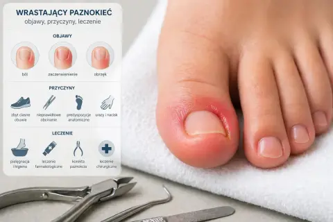Zdjęcie pokazuje wrastający paznokieć, objawy, przyczyny i metody leczenia. Dowiedz się, jak wyciąć wrastający paznokieć.