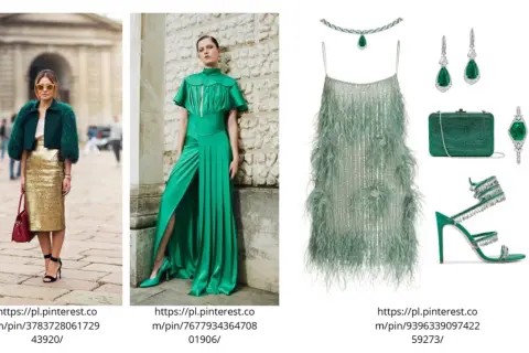 Kobiety w stylizacjach w odcieniach zieleni, od butelkowej po **kolor szmaragdowy**. Eleganckie suknie, futrzane kurtki i błyszczące dodatki.