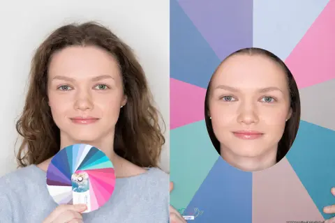 Analiza kolorystyczna: kolor niebieski znaczenie dla urody. Kobieta z kołem barw i w otoczeniu pastelowych odcieni.