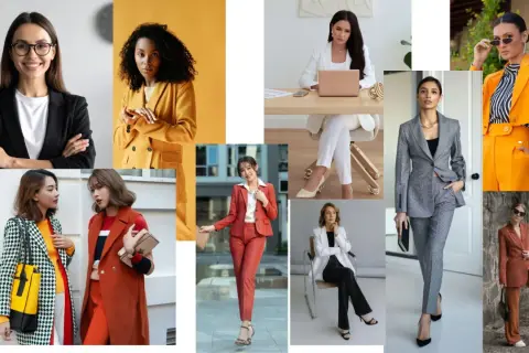 Kobiety w stylizacjach business casual: garnitury, marynarki i eleganckie spodnie.