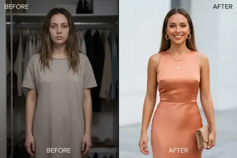 Przed i po: kobieta w beżowej sukience i kobieta w eleganckiej sukience w kolorze brzoskwiniowym.