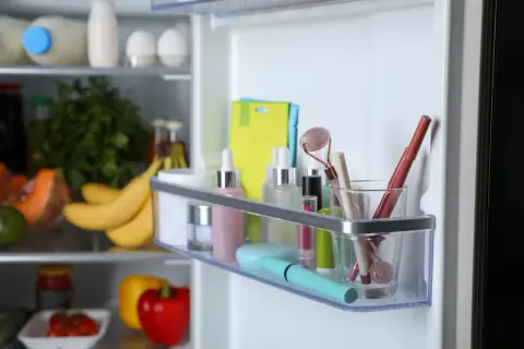 Chłodne kosmetyki, w tym różany roller i pomadki, stoją obok produktów spożywczych. Czuć orzeźwiający zapach mentolu.