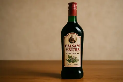 Butelka likieru ziołowego Balsam Mnicha. Jak pić ten czarny balsam? Najlepiej schłodzony, jako digestif.