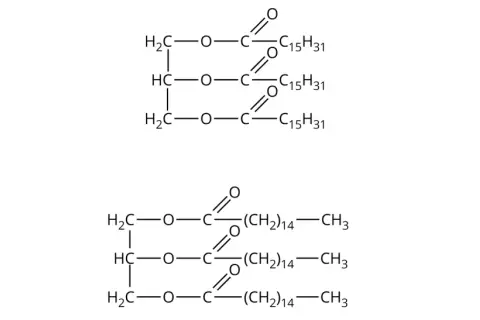Struktury chemiczne glicerolu estryfikowanego kwasem stearynowym (glyceryl stearate) i kwasem palmitynowym.