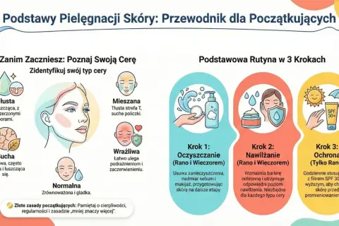 Ilustracja przedstawia podstawy pielęgnacji skóry, typy cery (tłusta, sucha, mieszana, wrażliwa, normalna) oraz 3 kroki rutyny: oczyszczanie, nawilżanie i ochrona.