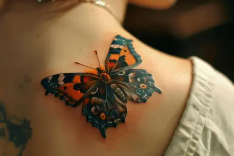 Kolorowy tatuaż motyl na ramieniu, z pomarańczowymi i niebieskimi skrzydłami, wygląda jak żywy.