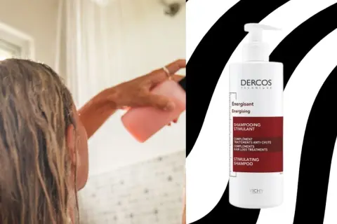 Kobieta w prysznicu używa szamponu Dercos. Poznaj dx2 opinie o tym produkcie.