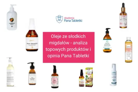 Kolekcja produktów z olejem Prunus amygdalus dulcis, czyli olejem ze słodkich migdałów, do pielęgnacji.