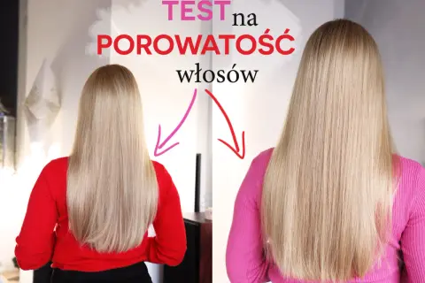 Test na porowatość włosów: porównanie efektów po zabiegu. Długie, blond włosy w czerwonym i różowym swetrze.