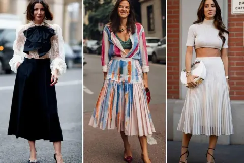 Eleganckie plisowane spódnice w stylizacjach: czarna midi z koronkową bluzką, kolorowa z wzorem akwareli, biała prążkowana z krótkim topem.
