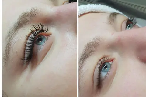 Efekt liftingu i przyciemnienia rzęs. Porównanie henna rzęs przed i po zabiegu.