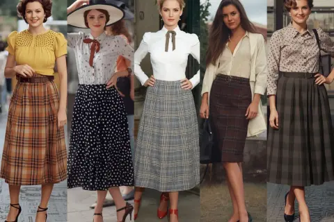 Pięć kobiet prezentuje stylizacje inspirowane modą lat 50.: spódnice w kratę i groszki, bluzki z kokardami.