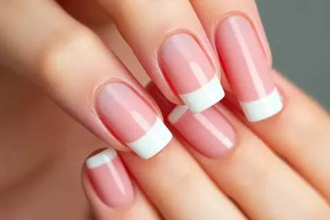 Dłonie z idealnym french manicure. Paznokcie są zadbane, z różową bazą i białymi końcówkami, co nadaje im klasyczny wygląd.