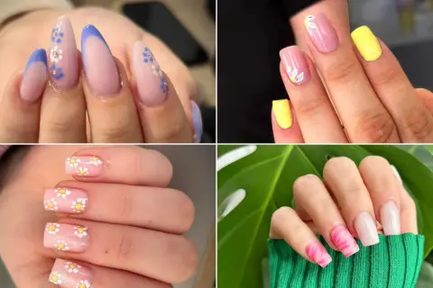 Kolekcja modnych paznokci na wiosnę: francuski manicure z kwiatami, żółte akcenty, stokrotki na różowym tle i neonowy wzór.