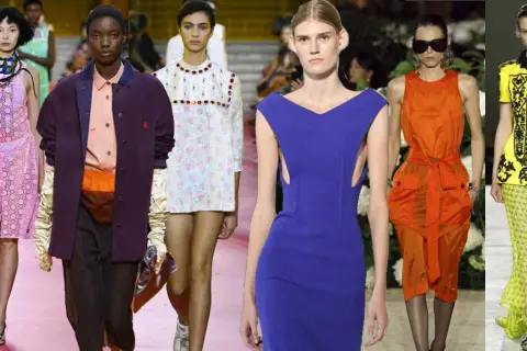 Kolekcja z fashion week: różowa sukienka w kropki, fioletowa marynarka, biała sukienka w kwiaty, niebieska sukienka, pomarańczowa kreacja i żółta sukienka z czarnym wzorem.