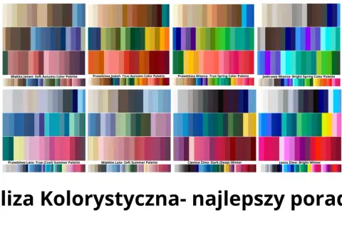 Palety barw: jesień, wiosna, lato, zima. Wiele odcieni, w tym piękny, intensywny **kolor różowy** w paletach wiosennych i letnich.
