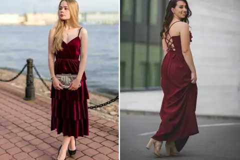 Dwie kobiety w bordowych sukienkach. Jedna w welurowej midi z czarnymi szpilkami, druga w długiej z gorsetowym tyłem i beżowymi sandałkami. Jakie buty do bordowej sukienki?