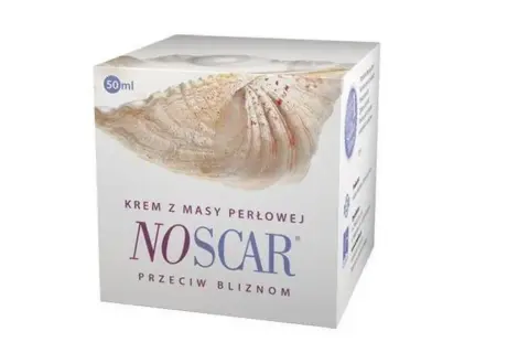 Krem NOSCAR z masy perłowej przeciw bliznom. Opakowanie 50 ml z motywem muszli.